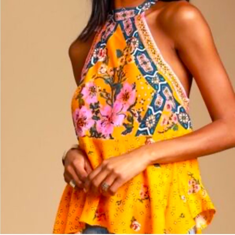 NWT Free People New Wave Yellow Print Halter Tank Top - Picture 2 of 10